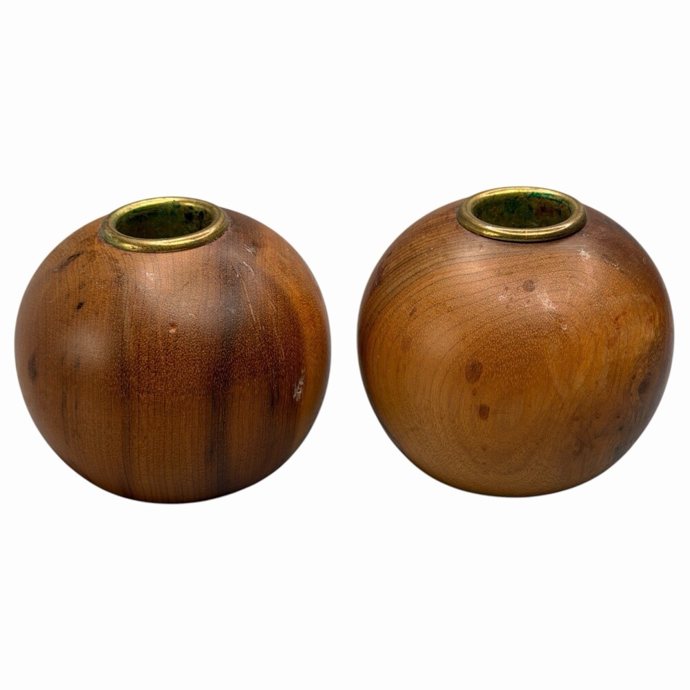 Oregon Myrtlewood Round Ball Candle Holders Pair MCM
